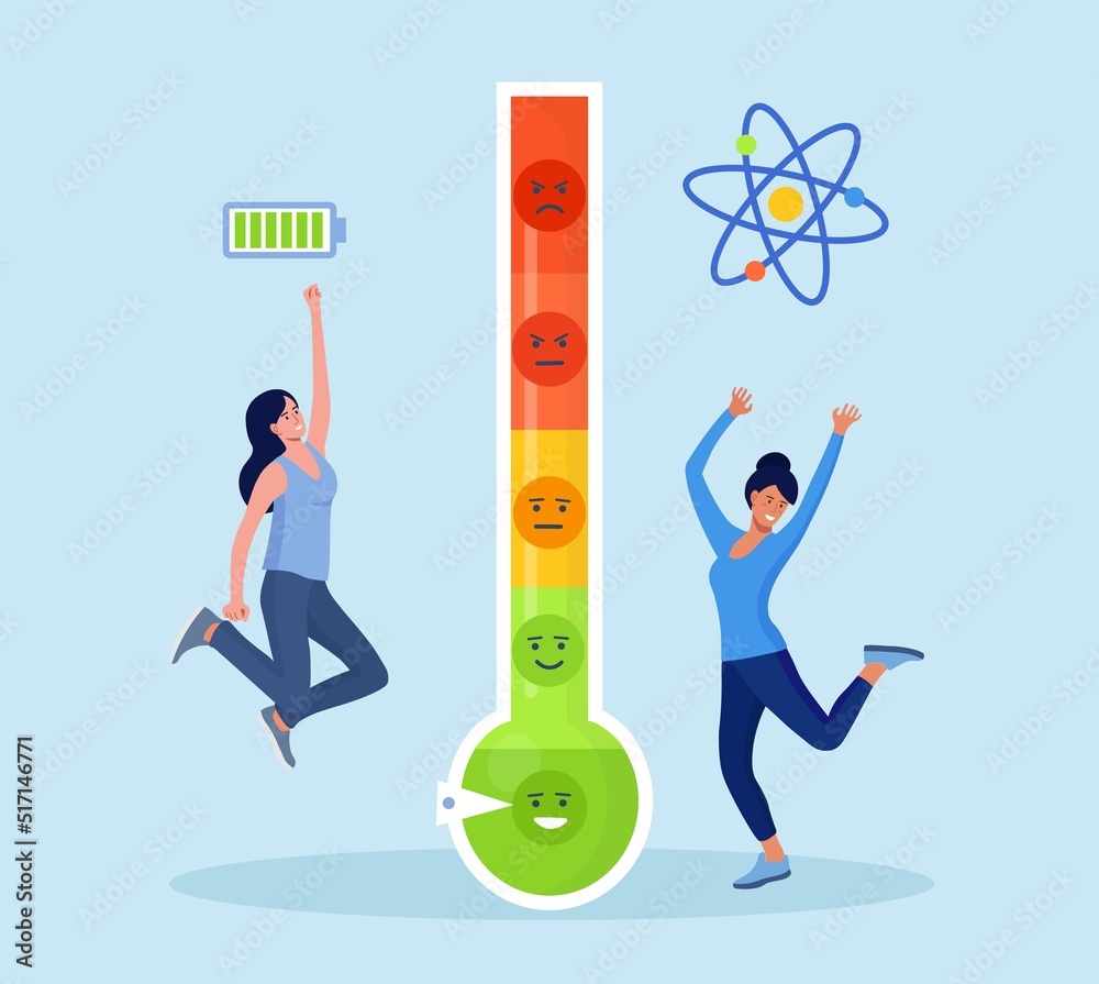 Thermometer as stress level scale emotions, good mood. Business women ...