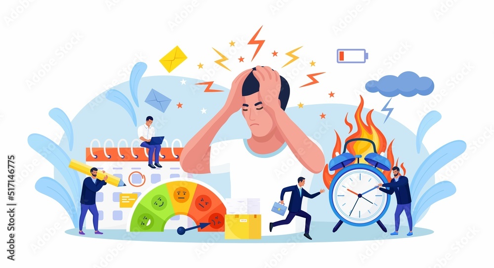 Fototapeta premium Businessman clutched his head in panic. People feeling stress at work. Exhausted, frustrated, stressing worker, burnout. Employee working overtime at Deadline. Alarm in fire, burning clock
