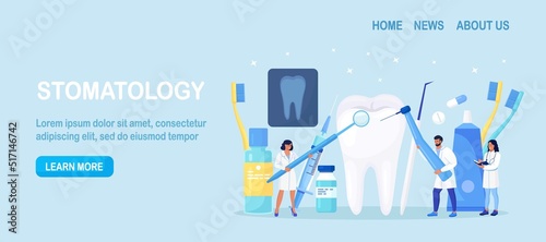 Dentists cleaning and treating big unhealthy tooth with caries cavity. Toothache. Stomatology, Dentistry concept. Doctors with professional instruments for check up and treatment. Dentist appointment
