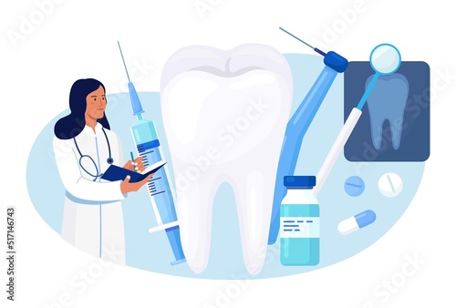 Stomatology, Dentistry Concept. Big Tooth and Professional Instruments for Check Up and Treatment. Dentist Appointment. Doctor Treating Big Unhealthy Teeth with Caries Cavity. Toothache
