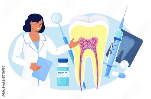 Stomatology, Dentistry Concept. Big Tooth and Professional Instruments for Check Up and Treatment. Dentist Appointment. Doctor Treating Big Unhealthy Teeth with Caries Cavity. Toothache