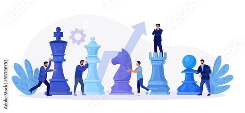 Businessmen playing giant chess and try to find strategic position for business goal. People planning, thinking, discussing strategy, tactics. Successful teamwork, negotiation. Competition, leadership