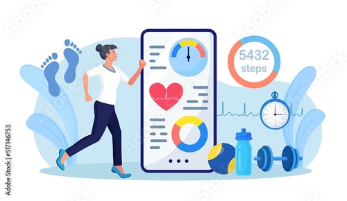 Sport woman using phone for counting steps. Step counter and pedometer activity app measurement. Person doing cardio training with heart beat monitoring device with daily footsteps information