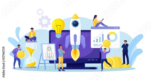 Successful startup launch. Space rocket flies up with graphs charts and diagram on computer screen. Tiny businessmen developing business project with new ideas, vision, growth strategy, innovation