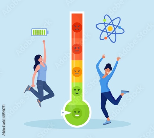 Thermometer as stress level scale emotions, good mood. Business women jumping and dancing. Fully charged active girl. Mentally healthy employee. Professional productivity, motivation, enthusiasm