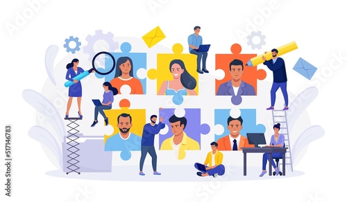 Find skilled and experienced career laborers from candidates crowd. Businessman looking for human talent as jigsaw puzzle pieces. Recruiting, job search, human resource, employment agency