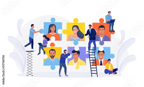 Tiny people connecting puzzle pieces, build team, hiring employees. Business company is looking for employee. Teamwork and collaboration. Open vacancy, partnership
