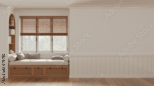 Blurred background, classic window with siting bench and pillows. Wooden venetian blinds, bookshelf and decors. Walls with copy space for text. Modern interior design