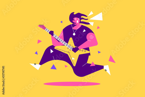 Unique Man Jumping While Playing Guitar Vector Illustration