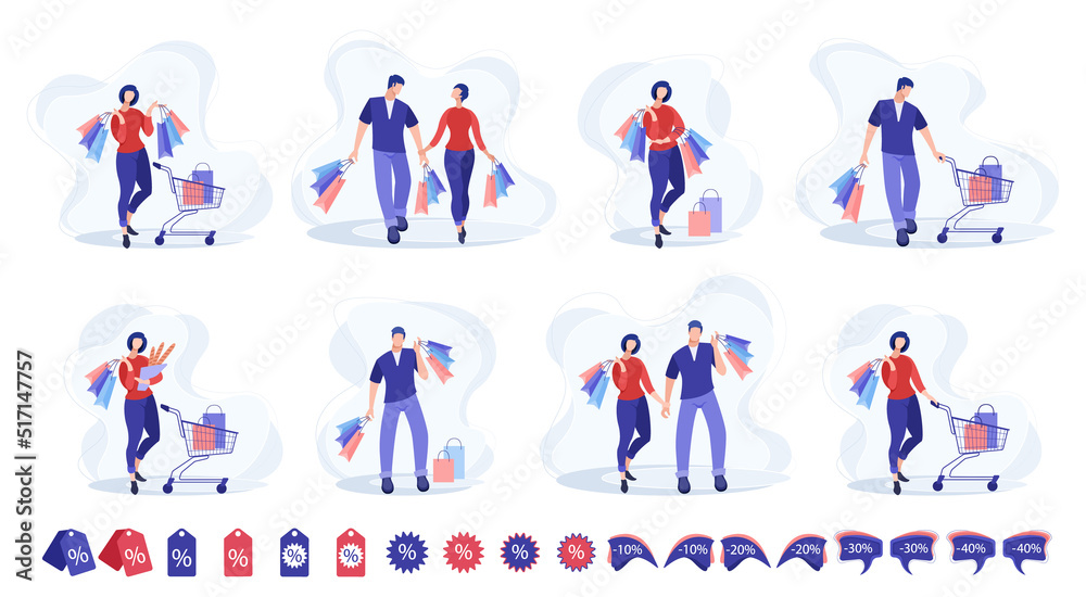 A woman and a man are standing and holding packages and shopping bags next to a supermarket trolley. Set of vector illustrations concept of shopping and marketing. Discounts on goods.