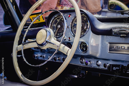 Classic vintage car wheel and dashboard