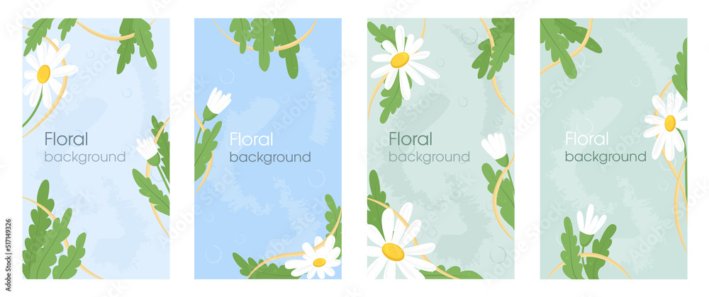 Camomile's leaves and flowers. Set of templates for cards, banners, posters, covers, or websites.  Flat illustration. Social media and stories and post background template with space for text.