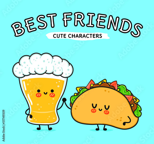 Cute, funny happy glass of beer and taco. Vector hand drawn cartoon kawaii characters, illustration icon. Funny cartoon glass of beer and taco mascot friends concept