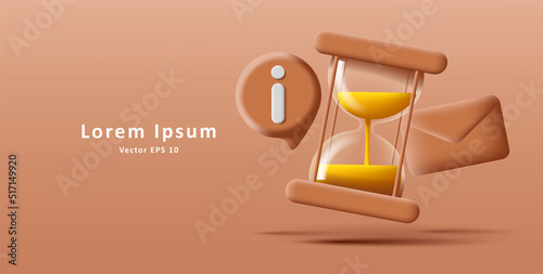 Digital 3d illustration of glass sand clock with letter and info icon in brown colors. Vector illustration