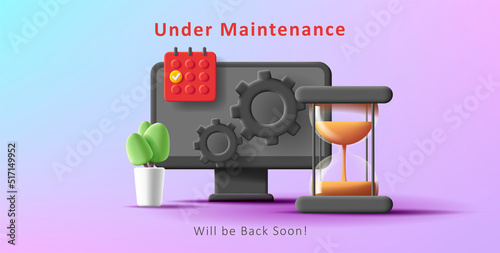 3d illustration of computer maintenance with sand clock, cogs and calendar icons. Vector illustration