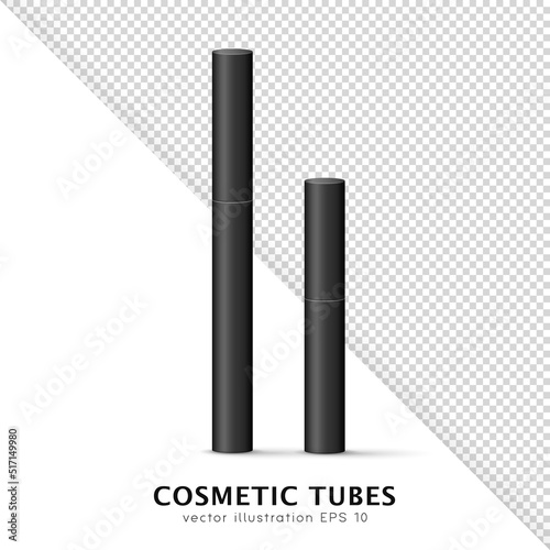 Mockup of black blank thin tube - mascara, lip gloss, gel, eyeliner, oil, etc. Cosmetic package, bottle, flacon template for your design. 3D skincare item isolated on white and transparent background