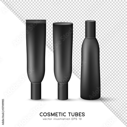 Three black tubes for cream, lotion, gel, moisturizer, serum, emulsion, tonic. Mockup of cosmetic containers, boxes, packages, bottles, flacons. Skin care and treatment products template for branding.