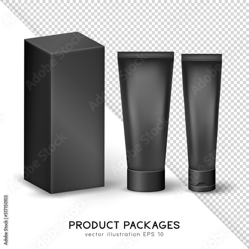Black matte packages with cosmetic products template for your design.  Set of two cream tubes and carton box. Vector mockup of long rectangular container with skincare items. 