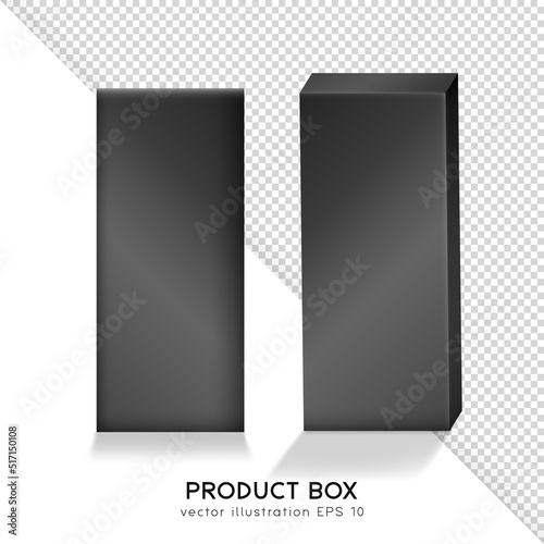 Front and perspective view of rectangular cosmetic or medical boxes. Mockup of empty matte black product boxes. Isolated realistic tall plastic or paper packages. 3D vector containers, shipping cases
