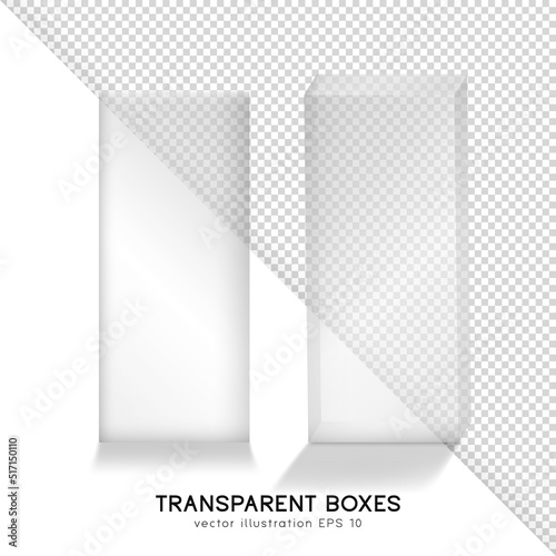 Realistic empty white transparent product boxes. Isolated tall plastic packages. Front and perspective view of rectangular cosmetic or medical or another product boxes mockup. 3d glass containers 