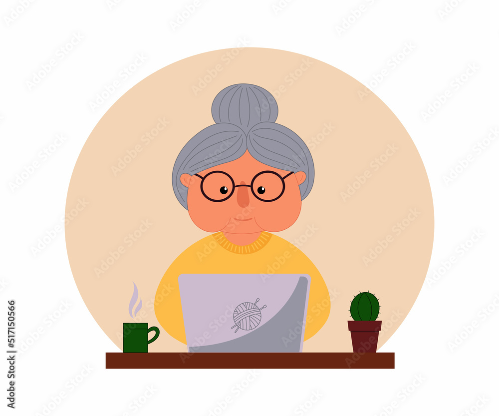 Happy grandma with laptop, elderly woman using computer for internet communication. Old woman and notebook. Happy grandma with laptop, elderly woman using computer for internet communication. Old woman and notebook.