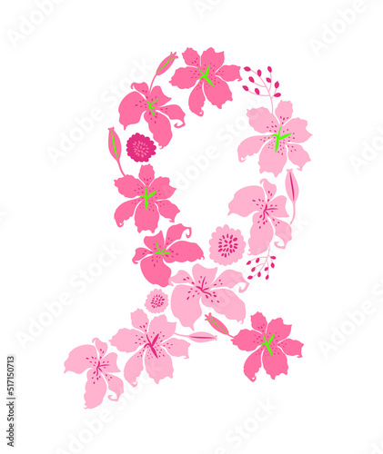 Pink flower ribbon. Breast cancer awareness month. Fight symbol vector illustration.