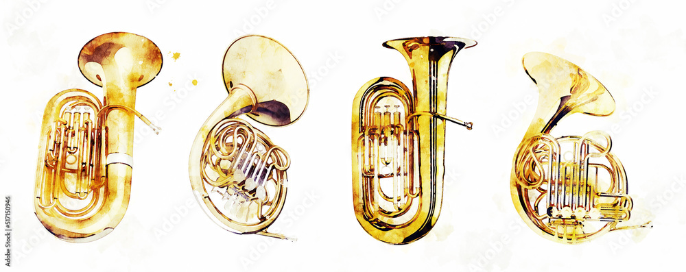 Stylised Instruments Watercolor illustration set of stylized music instruments. Aged tuba ...