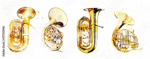 Watercolor illustration set of stylized music instruments. Aged tuba and French horn isolated on white background.