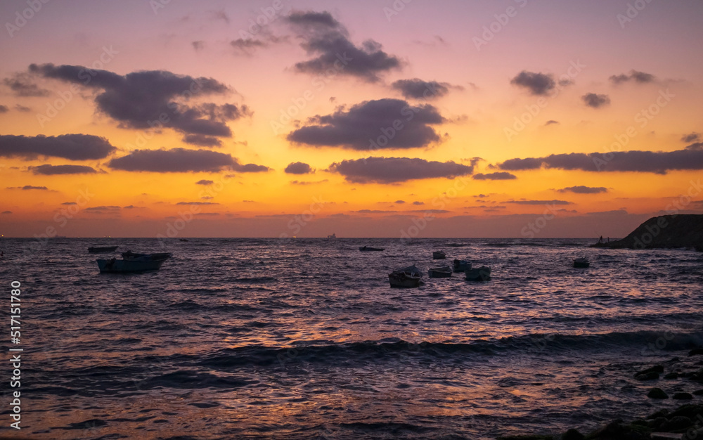 Golden sunset at Alexandria coast Egypt 