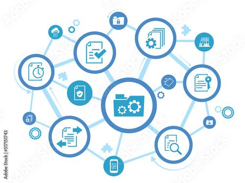 Document management vector illustration. Blue concept with no people related to digital file storage system and software, corporate records keeping, database technology.