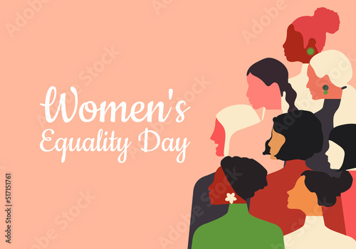 Women's Equality Day. Women of different ages, nationalities and religions come together. Horizontal pink pastel poster. Vector.