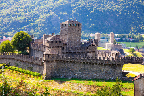 Scenic view of historical group of fortifications Castles of Bellinzona, Swiss canton of Ticino photo