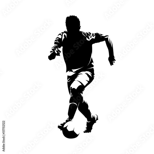 Soccer player running with ball, front view, isolated vector silhouette, ink drawing