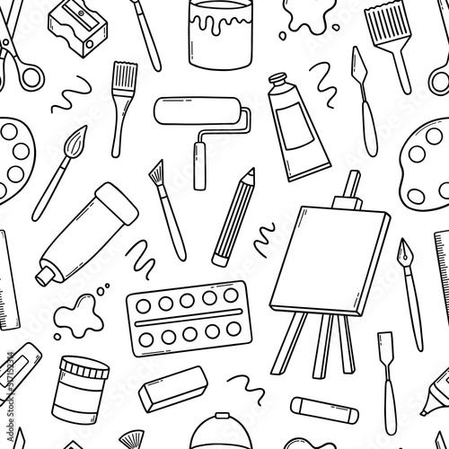 Hand drawn seamless pattern of artist tools doodle. Art supplies in sketch style. Easel, brushes, paint, pencils. Vector illustration