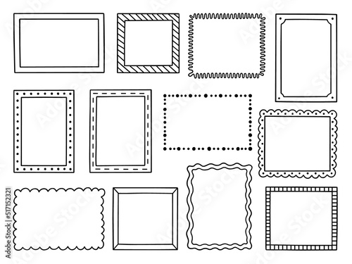 Hand drawn set of frames doodle. Square and rectangular.Borders in sketch style. Vector illustration isolated on white background.