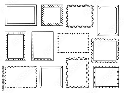 Hand drawn set of frames doodle. Square and rectangular.Borders in sketch style. Vector illustration isolated on white background.