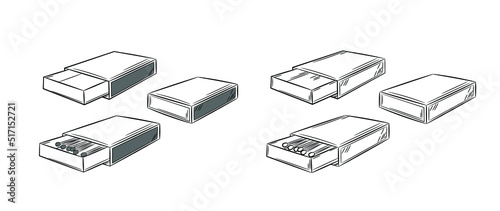 Set of matchboxes for matches. Black line in sketch style. Isolated vector illustration.
