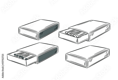 Set of matchboxes for matches. Black line in sketch style. Isolated vector illustration.