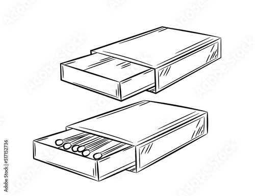Set of matchboxes for matches. Black line in sketch style. Isolated vector illustration.