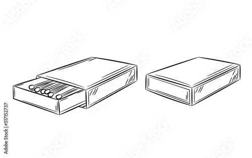 Set of matchboxes for matches. Black line in sketch style. Isolated vector illustration.