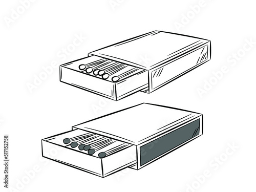 Set of matchboxes for matches. Black line in sketch style. Isolated vector illustration.
