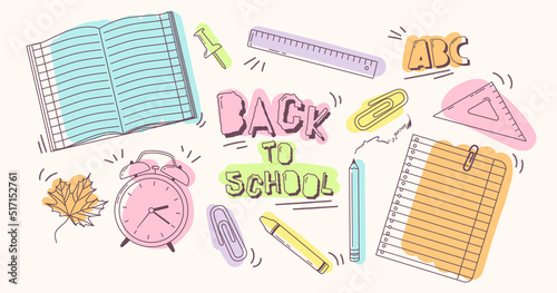 Big set of school supplies. Back to school autumn concept. Pupil's supplies. Vector illustration line art style with colored spots on a light background. All objects are isolated