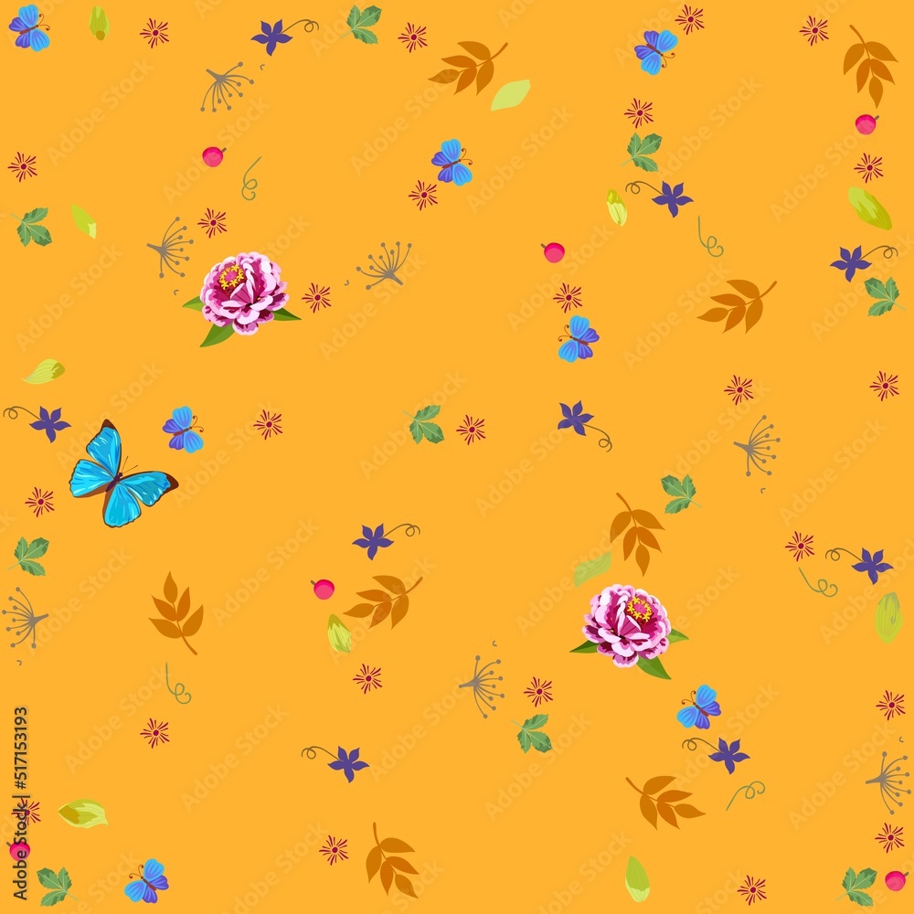 Elegant ornament with fluttering butterflies, petals, flowers, leaves, berries, dry inflorescences on a glowing orange background in vector. Seamless print for fabric.