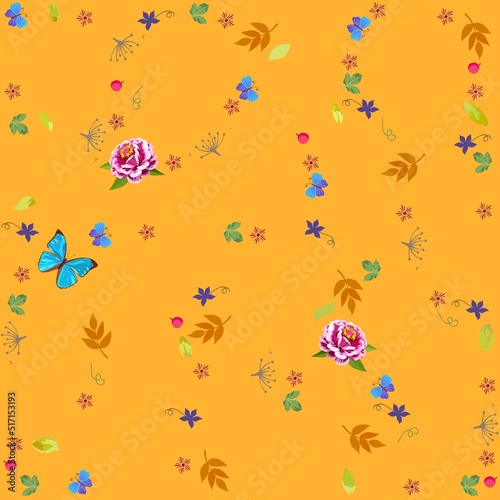 Elegant ornament with fluttering butterflies  petals  flowers  leaves  berries  dry inflorescences on a glowing orange background in vector. Seamless print for fabric.