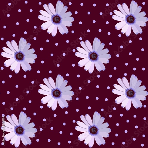 Chamomile flowers and lavender polka dots on dark magenta background seamless print for fabric. Natural ornament in vector.