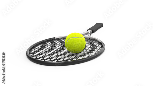a tennis racket with a ball, isolated on a white background - a black and gray tennis racket with a yellow ball © angelo sarnacchiaro