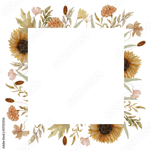 Watercolor autumn frame with flowers and leaves isolated on white background