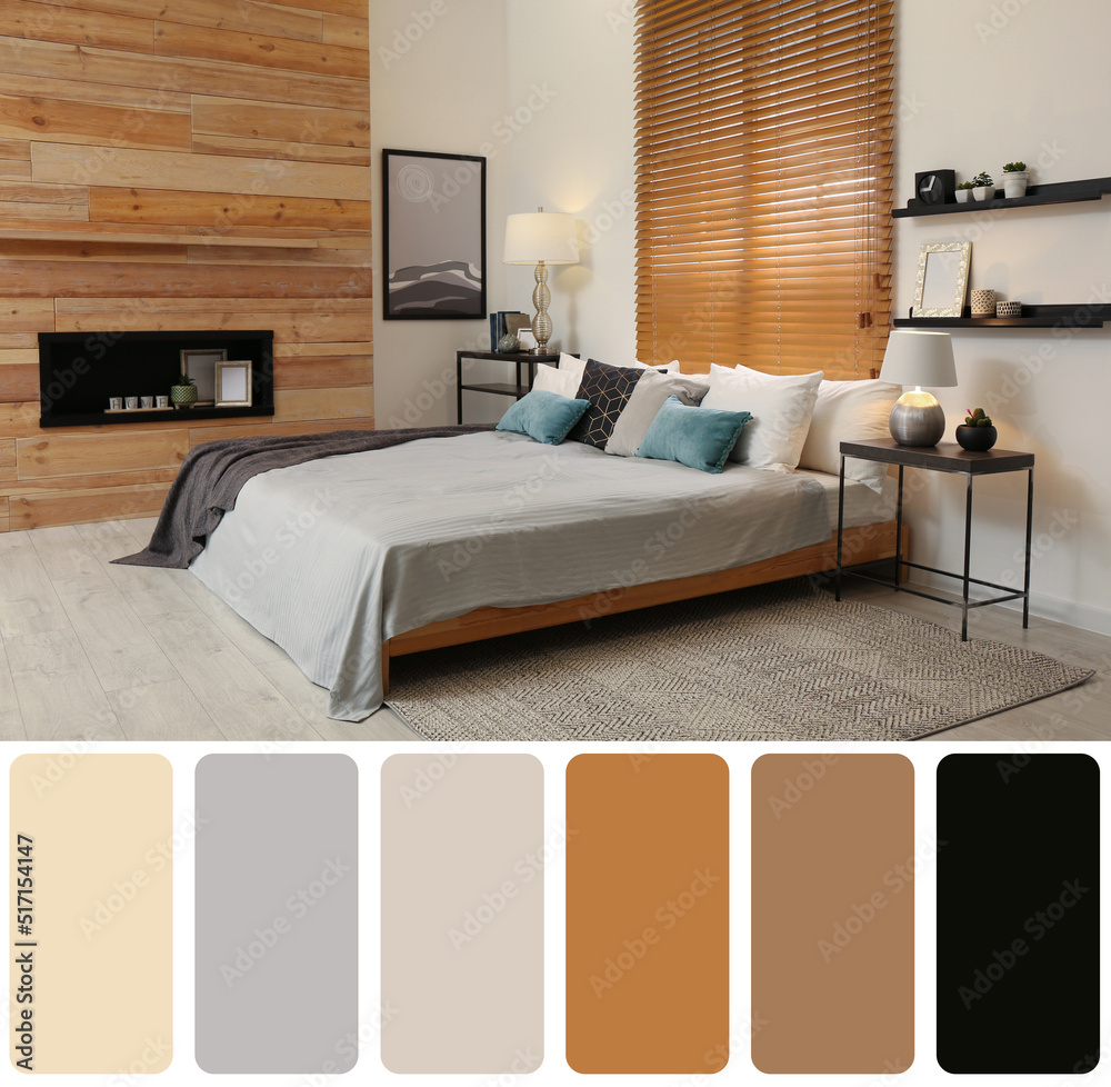 Color palette and photo of stylish bedroom interior. Collage Stock ...