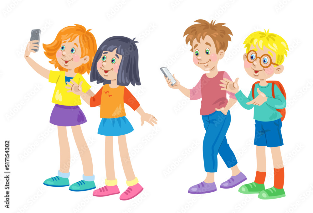Children and gadgets. Girls and boys with smartphones. In cartoon style. Isolated on white background. Vector flat illustration Children and gadgets. Girls and boys with smartphones. In cartoon style. Isolated on white background. Vector flat illustration