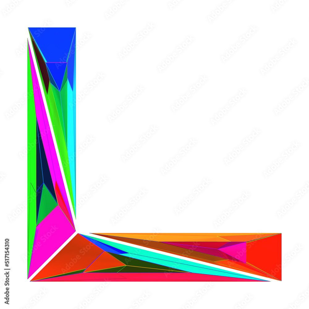 Fototapeta premium Letter L made of colored triangular crystals, isolated on white, 3d rendering